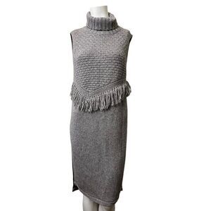 Nomad Morgan Carper Medium Wool Fringe Stretch Knit Turtleneck Sweater Dress